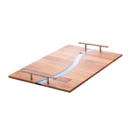 BANDEJA DE MADEIRA CEREJEIRA COM ALÇA E RESINA WAVE 45CM X 30CM X 4,5CM - WOLFF CRAFT