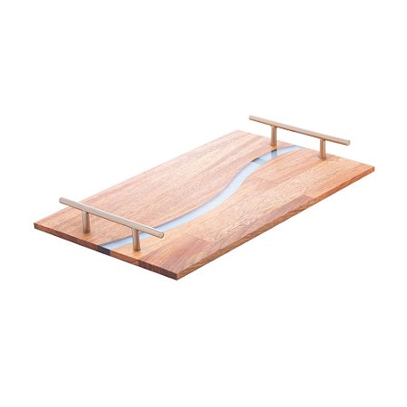 BANDEJA DE MADEIRA CEREJEIRA COM ALÇA E RESINA WAVE 38CM X 23CM X 4,5CM - WOLFF CRAFT