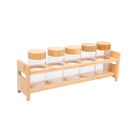 CONJUNTO 5 PORTA TEMPEROS DE VIDRO BOROSSILICATO COM TAMPA E SUPORTE DE BAMBU - WOLFF
