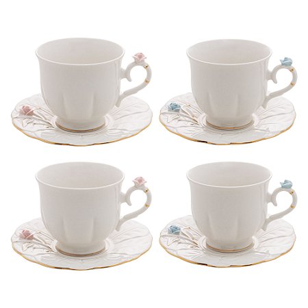 CONJUNTO 4 XÍCARAS DE CHÁ DE PORCELANA FLOWER 200ML - WOLFF