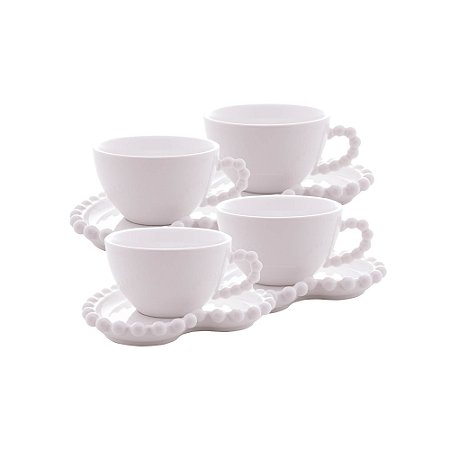 CONJUNTO 4 XÍCARAS DE CHÁ DE PORCELANA COM PIRES CORAÇÃO BEADS BRANCO 210ML - WOLFF