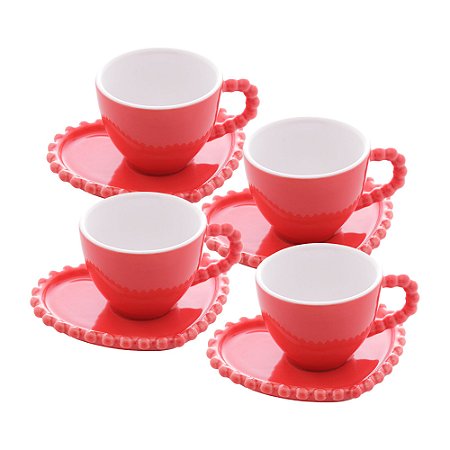 CONJUNTO 4 XÍCARAS DE CAFÉ DE PORCELANA COM PIRES CORAÇÃO BEADS VERMELHO 80ML - WOLFF