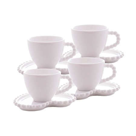 CONJUNTO 4 XÍCARAS DE CAFÉ DE PORCELANA COM PIRES CORAÇÃO BEADS BRANCO 80ML - WOLFF