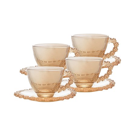 CONJUNTO 4 XÍCARAS DE CAFÉ DE CRISTAL COM PIRES DAISY ÂMBAR 80ML - WOLFF