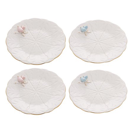 CONJUNTO 4 PRATOS PARA SOBREMESA DE PORCELANA BIRDS 19 CM - WOLFF