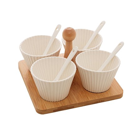 CONJUNTO 4 MOLHEIRAS COM SUPORTE DE BAMBU E COLHER BRANCO 16CM X 16CM X 13CM - WOLFF