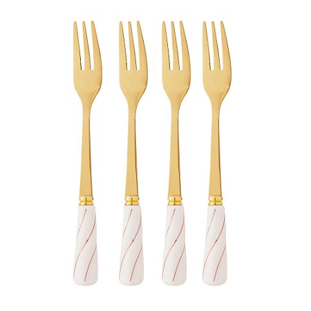 CONJUNTO 4 GARFOS PARA APERITIVO DE AÇO INOX DOURADO COM CABO DE CERÂMICA BRANCO - WOLFF