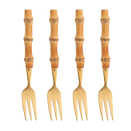CONJUNTO 4 GARFOS DE BOLO DE AÇO INOX COM CABO DE BAMBU TULUM DOURADO 16CM - WOLFF