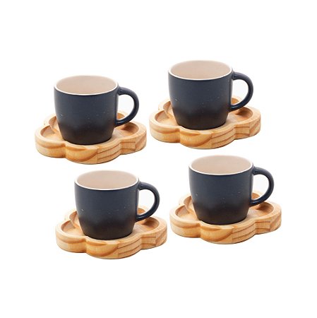 CONJUNTO 4 CANECAS COM PIRES DE MADEIRA PINUS AZUL 115ML - WOODART