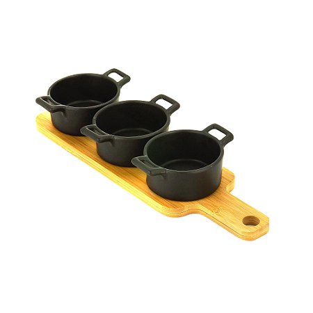 CONJUNTO 3 PETISQUEIRAS DE PORCELANA PRETA COM BANDEJA BAMBU 28CM X 8CM X 6CM - WOLFF