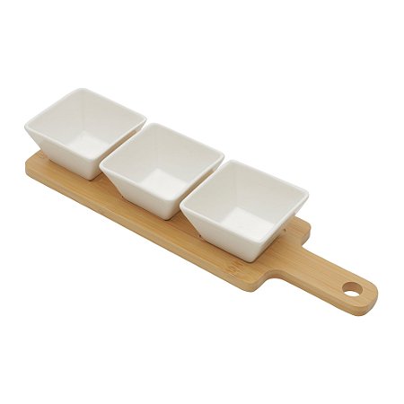 CONJUNTO 3 PETISQUEIRAS COM BANDEJA DE BAMBU BRANCO 31CM X 9CM X 5CM - WOLFF