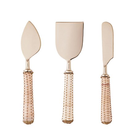 CONJUNTO 3 PEÇAS PARA QUEIJO DE AÇO INOX COM CABO DE RATTAN DOURADO - WOLFF