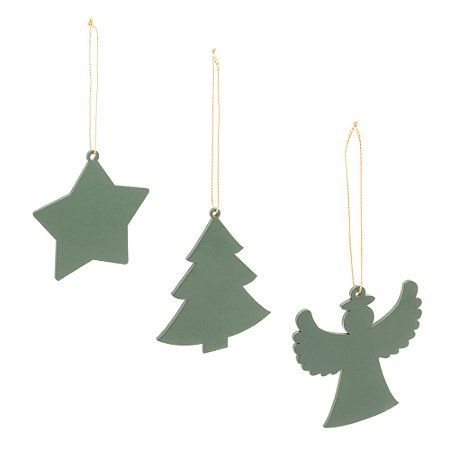 CONJUNTO 3 ENFEITES DE MADEIRA PARA ÁRVORE DE NATAL VERDE 8CM - WOODART