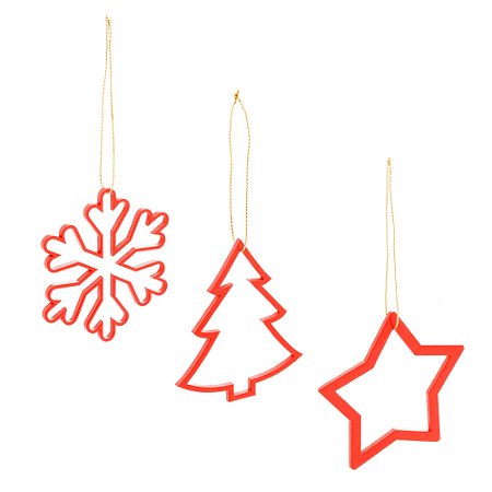 CONJUNTO 3 ENFEITES DE MADEIRA PARA ÁRVORE DE NATAL VAZADO VERMELHO 8CM - WOODART