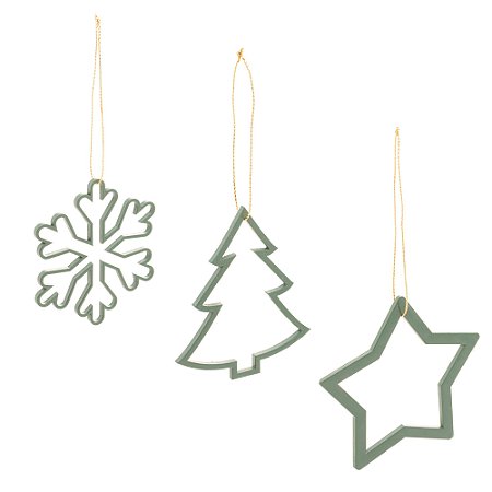 CONJUNTO 3 ENFEITES DE MADEIRA PARA ÁRVORE DE NATAL VAZADO VERDE 8CM - WOODART