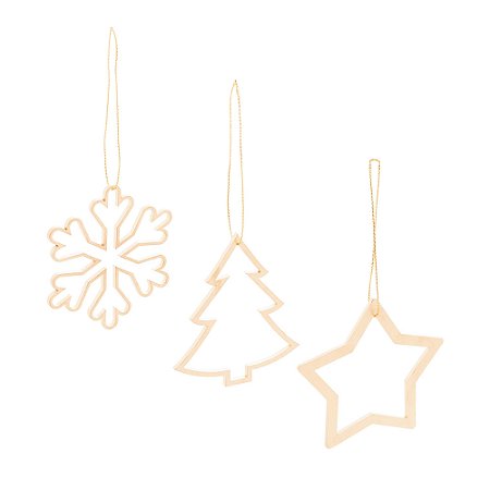 CONJUNTO 3 ENFEITES DE MADEIRA PARA ÁRVORE DE NATAL VAZADO DOURADO 8CM - WOODART