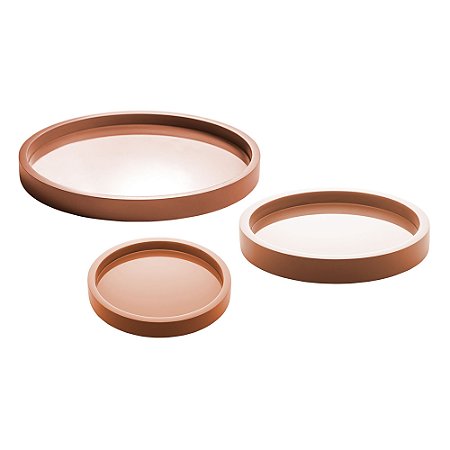 CONJUNTO 3 BANDEJAS DE MADEIRA LAQUEADO COM VIDRO TERRACOTA - WOODART