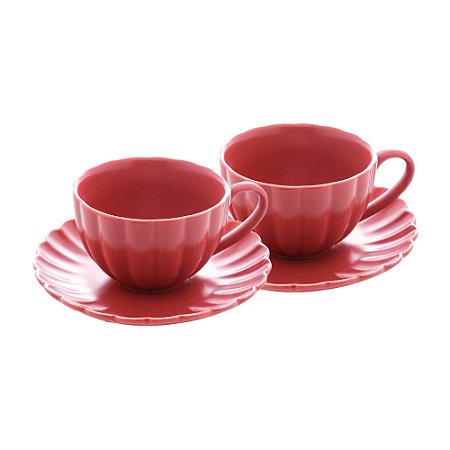 CONJUNTO 2 XÍCARAS DE CHÁ DE PORCELANA COM PIRES PÉTALA VERMELHO MATT 160ML - WOLFF