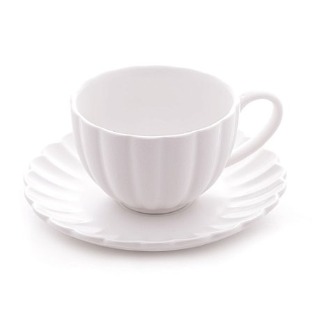 CONJUNTO 2 XÍCARAS DE CHÁ DE PORCELANA COM PIRES PÉTALA BRANCO MATT 160ML - WOLFF