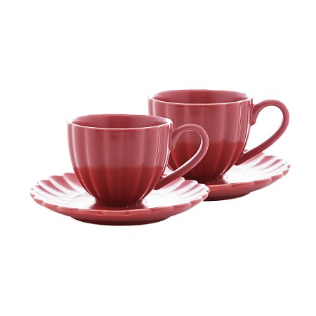 CONJUNTO 2 XÍCARAS DE CAFÉ DE PORCELANA COM PIRES PÉTALA VERMELHO MATT 90ML - WOLFF