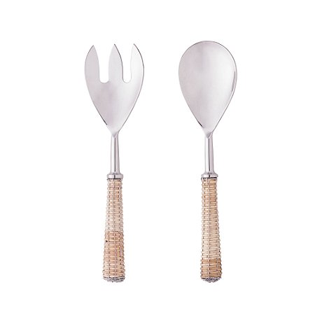 CONJUNTO 2 PEÇAS PARA SALADA DE AÇO INOX COM CABO DE RATTAN PRATA - WOLFF