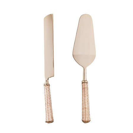CONJUNTO 2 PEÇAS PARA BOLO DE AÇO INOX COM CABO DE RATTAN DOURADO - WOLFF