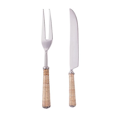 CONJUNTO 2 PEÇAS FACA E GARFO PARA ASSADO DE AÇO INOX COM CABO DE RATTAN PRATA - WOLFF