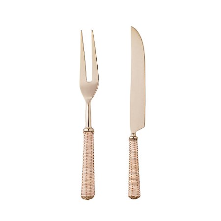CONJUNTO 2 PEÇAS FACA E GARFO PARA ASSADO DE AÇO INOX COM CABO DE RATTAN DOURADO - WOLFF