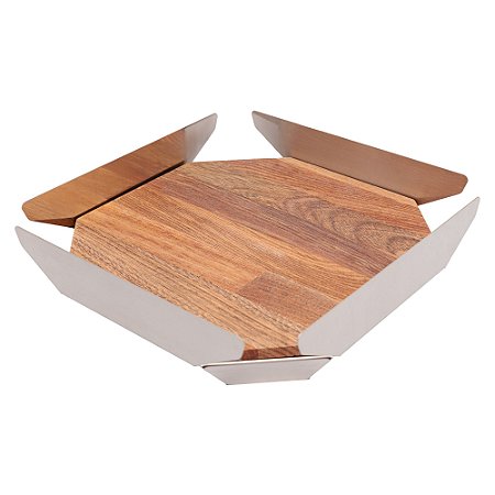 CENTRO DE MESA DE AÇO INOX CHAMPANHE ORIGAMI COM MADEIRA CEREJEIRA 31CM X 31CM X 7CM - WOLFF CRAFT