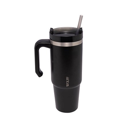 CANECA TÉRMICA PAREDE DUPLA SLIMTERM COM BASE ERGONÔMICA E CANUDO PRETA 890ML - WOLFF