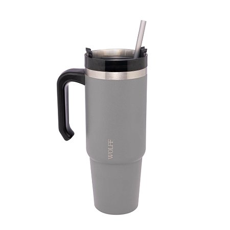 CANECA TÉRMICA PAREDE DUPLA SLIMTERM COM BASE ERGONÔMICA E CANUDO BRANCA 890ML - WOLFF