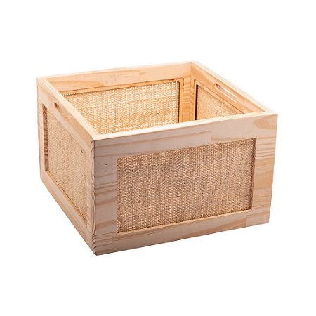 CAIXOTE DE MADEIRA COM SISAL PINUS 35CM X 35CM X 23CM - WOODART