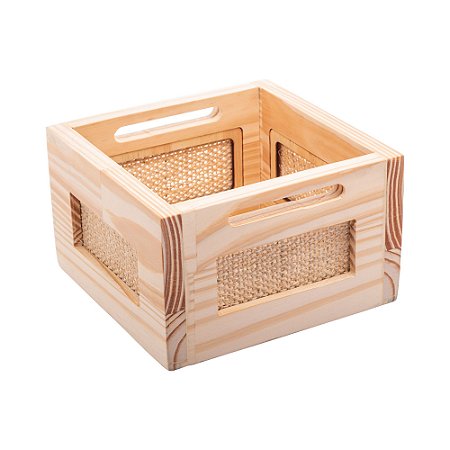 CAIXOTE DE MADEIRA COM SISAL PINUS 20CM X 20CM X 13CM - WOODART