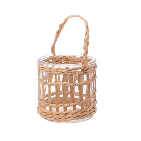 CASTIÇAL DE VIDRO E FIBRA NATURAL 10CM X 10CM - WOLFF
