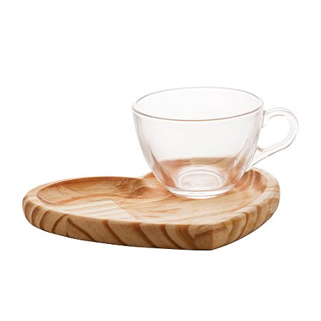 XÍCARA DE CHÁ COM PIRES EM MADEIRA PINUS CORAÇÃO 190ML - WOODART