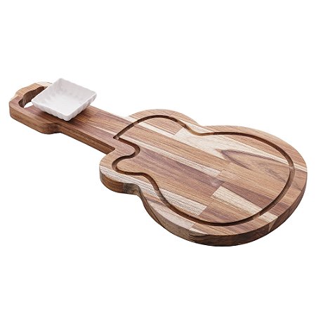 TÁBUA DE MADEIRA TECA VIOLÃO COM BOWL DE PORCELANA 55CM X 28CM X 5CM - WOLFF CRAFT
