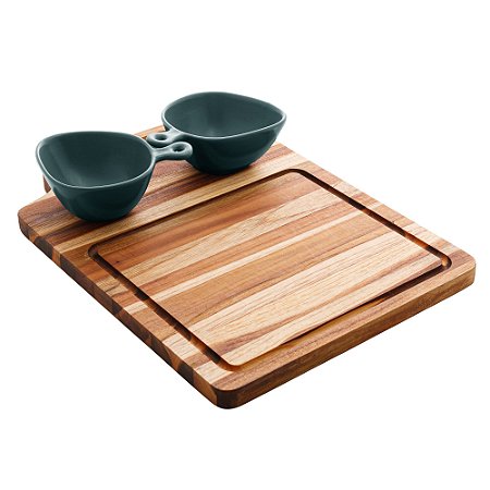 TÁBUA DE MADEIRA TECA COM 2 BOWLS DE PORCELANA NORDICA VERDE 38CM X 27CM X 7,5CM - WOLFF CRAFT