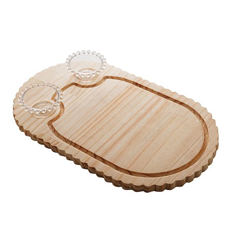 TÁBUA DE MADEIRA COM 2 BOWLS EM CRISTAL PINUS 42CM X 25CM X 6CM - WOODART