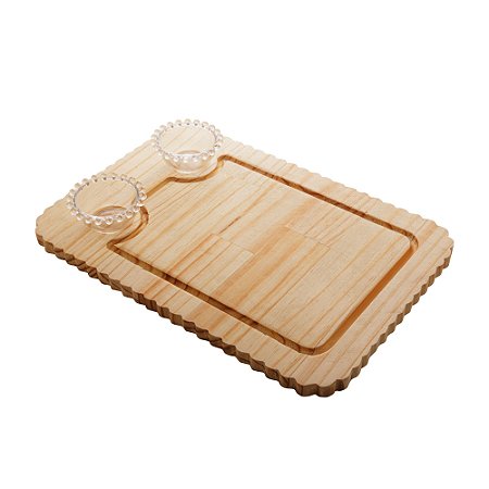 TÁBUA DE MADEIRA COM 2 BOWLS EM CRISTAL PINUS 40CM X 27CM X 6CM - WOODART