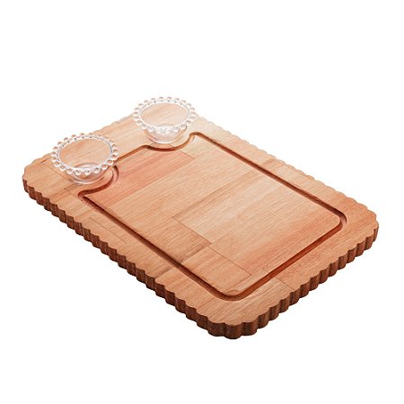 TÁBUA DE MADEIRA COM 2 BOWLS EM CRISTAL LIPTUS 40CM X 27CM X 6CM - WOODART