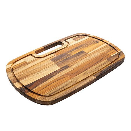 TÁBUA DE CORTE DE MADEIRA TECA COM ALÇA LATERAL BARBECUE  45CM X 30CM X 2CM - WOLFF CRAFT