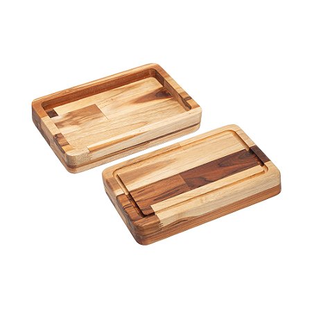 TÁBUA COM FUNÇÃO DE BANDEJA DE MADEIRA TECA BARBECUE 26CM X 18CM X 4CM - WOLFF CRAFT