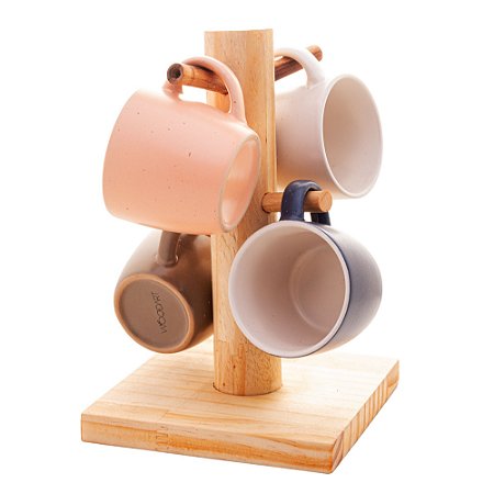 SUPORTE DE MADEIRA PINUS COM 4 CANECAS 13CM X 13CM X 23CM - WOLFF