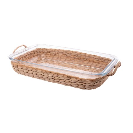REFRATÁRIO DE VIDRO BOROSSILICATO RESISTENTE AO CALOR COM SUPORTE EM FIBRA NATURAL E ALÇA 34,5CM