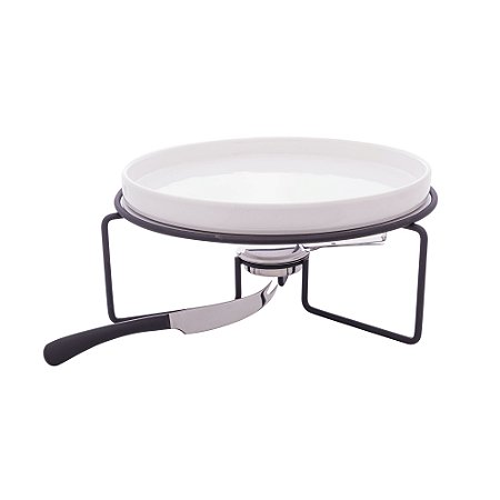 RECHAUD PARA QUEIJO BRIE DE CERÂMICA COM SUPORTE E FACA DE AÇO INOX PRETO FOSCO 31CM X 14CM - WOLFF