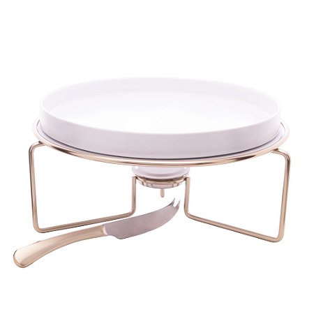 RECHAUD PARA QUEIJO BRIE DE CERÂMICA COM SUPORTE E FACA DE AÇO INOX CHAMPANHE 31CM X 14CM - WOLFF