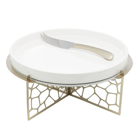 RECHAUD DE CERÂMICA COM SUPORTE DE AÇO INOX E FACA MAHAL CHAMPANHE 30CM X 30CM X 13CM - WOLFF