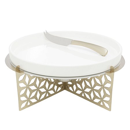 RECHAUD DE CERÂMICA COM SUPORTE DE AÇO INOX E FACA GARDEN CHAMPANHE 30,5CM X 30,5CM X 14CM - WOLFF