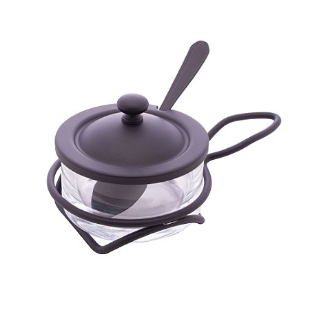 QUEIJEIRA DE VIDRO E AÇO INOX COM COLHER E SUPORTE ITALY PRETO FOSCO 16CM X 10CM X 8CM - WOLFF