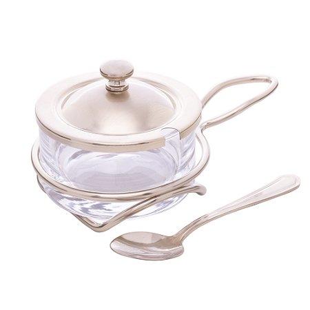 QUEIJEIRA DE VIDRO E AÇO INOX COM COLHER E SUPORTE ITALY CHAMPANHE 16CM X 10CM X 8CM - WOLFF